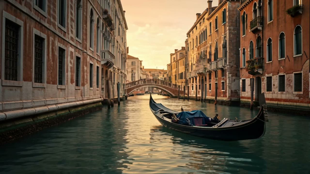 Inquadratura cinematografica di una gondola veneziana che scivola in un canale all'alba