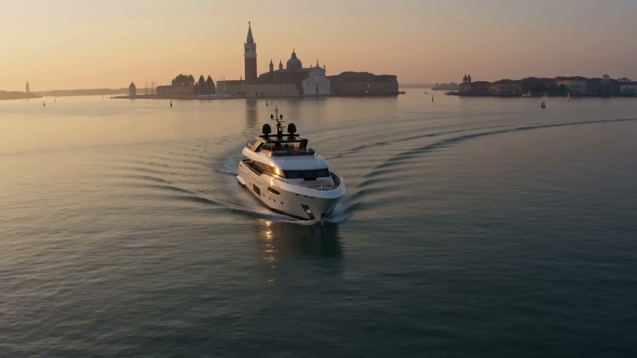 Inquadratura cinematografica di una gondola veneziana che scivola in un canale all'alba